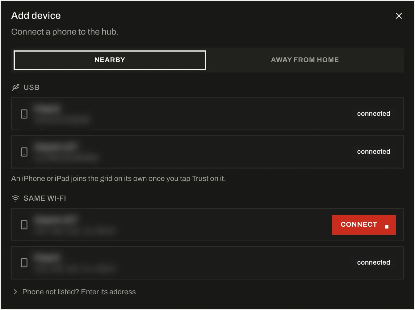 Add device, Nearby tab: Android phones on USB and on the same Wi-Fi
