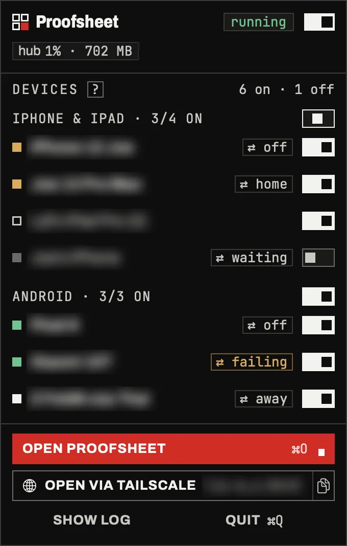 The Proofsheet menu bar panel with the hub running, phones grouped by platform with on and off switches and bridge states